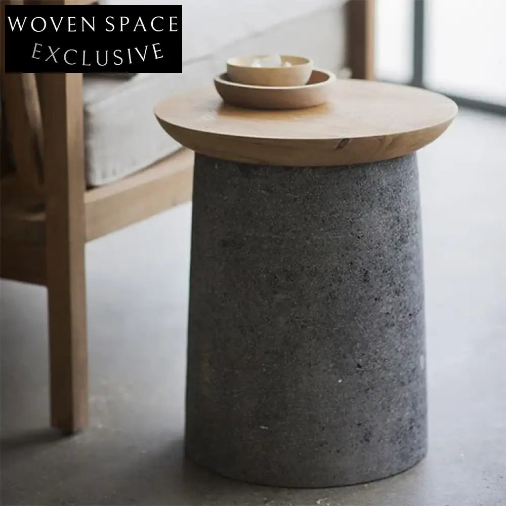 Modern Round Concrete Wood Top Living Room Accent End Coffee Table