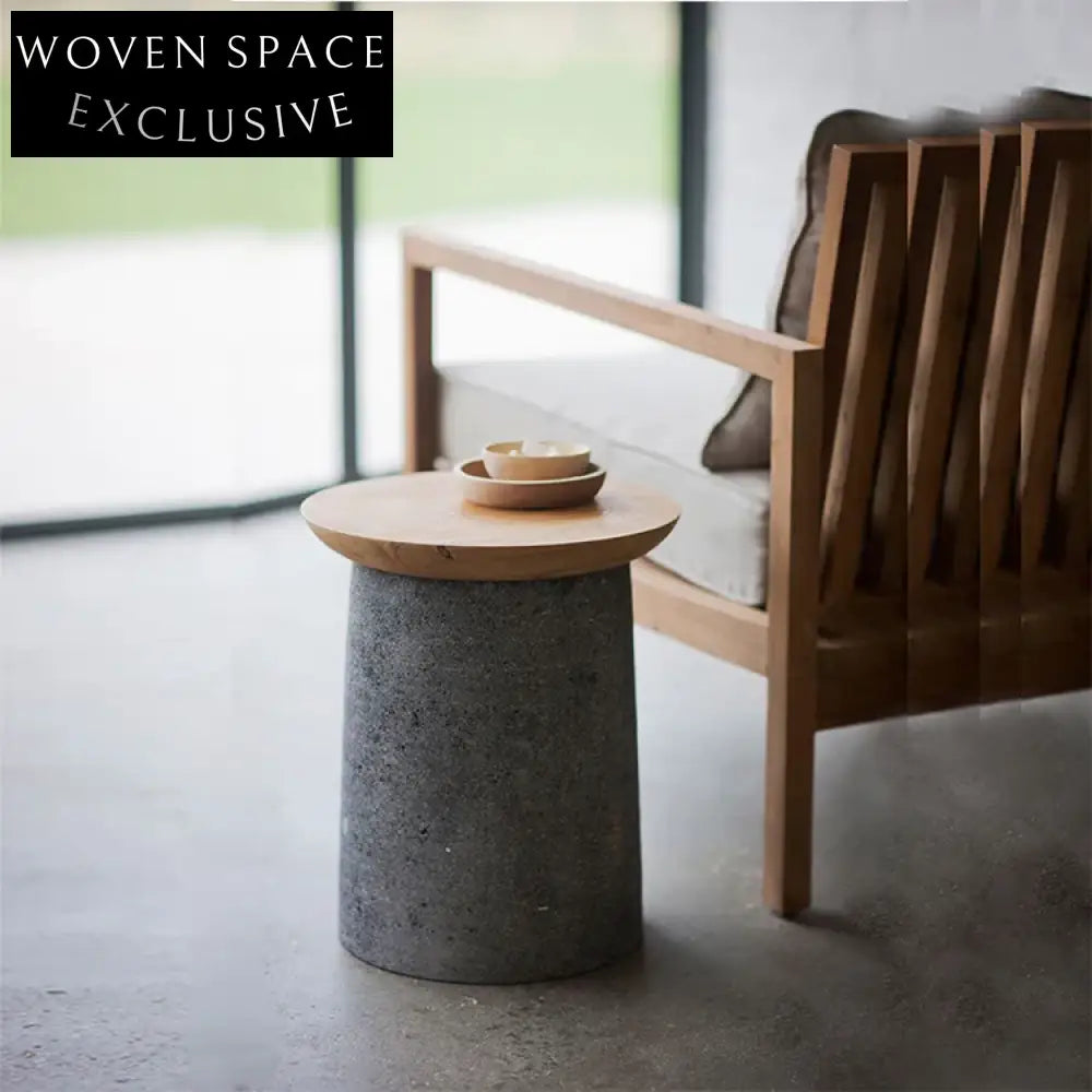 Modern Round Concrete Wood Top Living Room Accent End Coffee Table