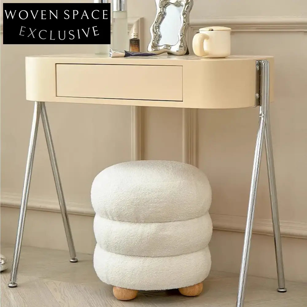 Modern Round Fabric Ottoman with Solid Wood Legs for Home Bedroom Living Room