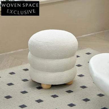 Modern Round Fabric Ottoman with Solid Wood Legs for Home Bedroom Living Room