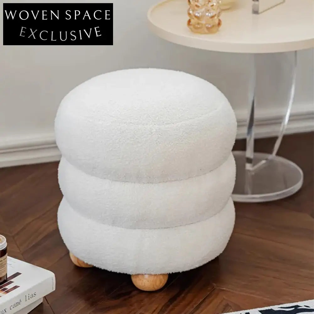 Modern Round Fabric Ottoman with Solid Wood Legs for Home Bedroom Living Room