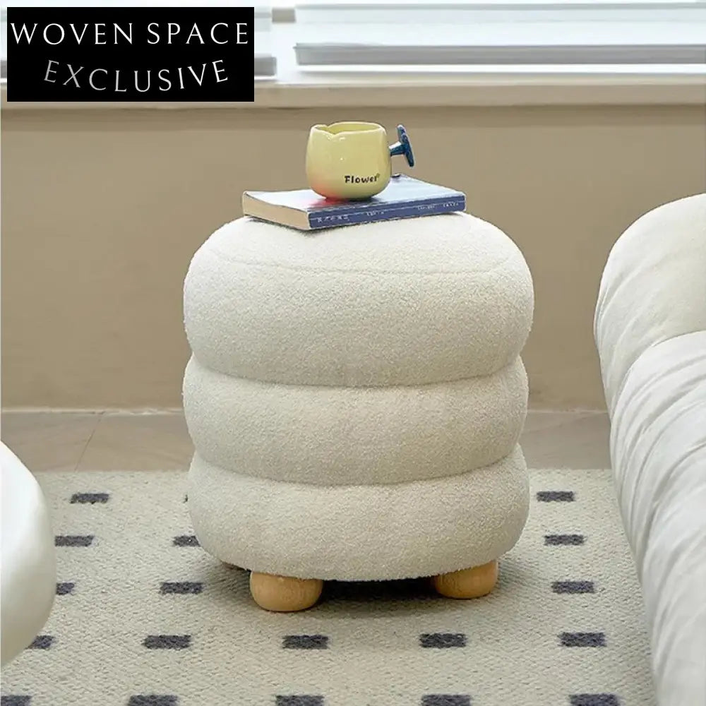 Modern Round Fabric Ottoman with Solid Wood Legs for Home Bedroom Living Room