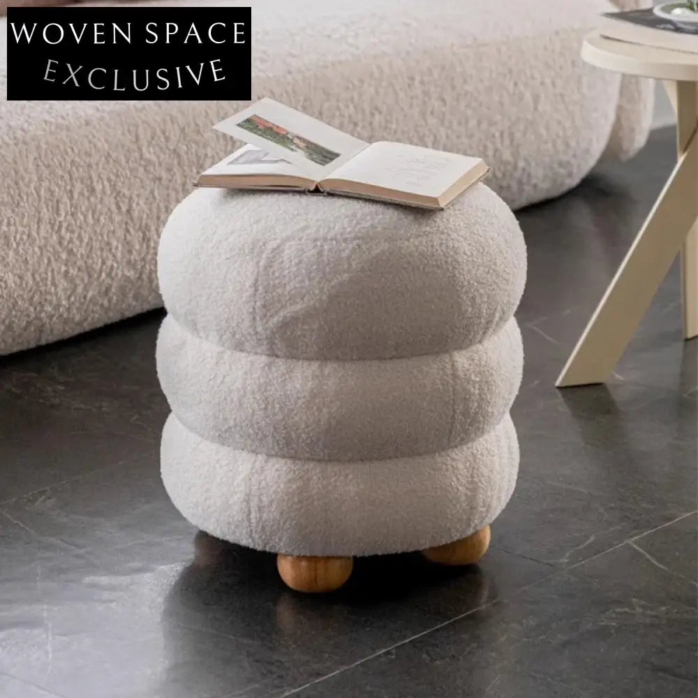 Modern Round Fabric Ottoman with Solid Wood Legs for Home Bedroom Living Room