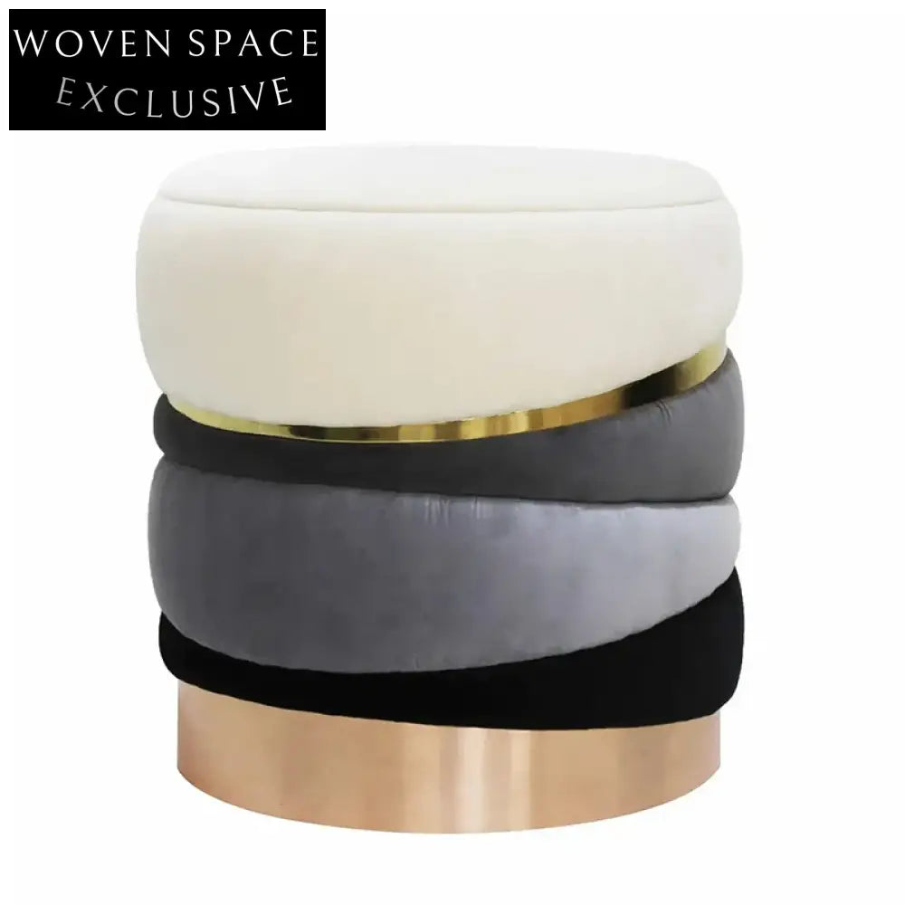 Modern Round Fabric Ottoman with Stainless Steel Frame for Living Room