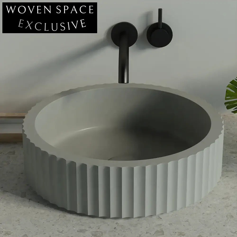 Modern Round Fluted Concrete Vessel Bathroom Sink for Countertop