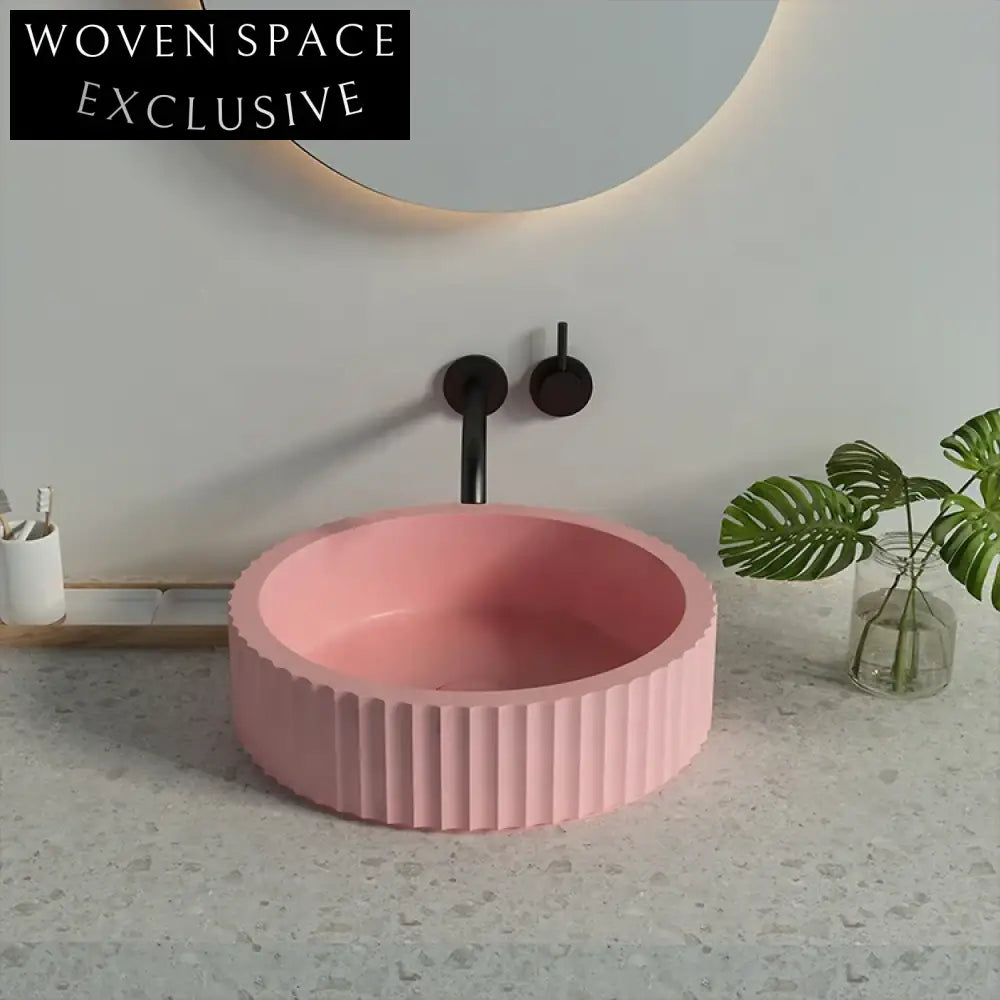 Modern Round Fluted Concrete Vessel Bathroom Sink for Countertop