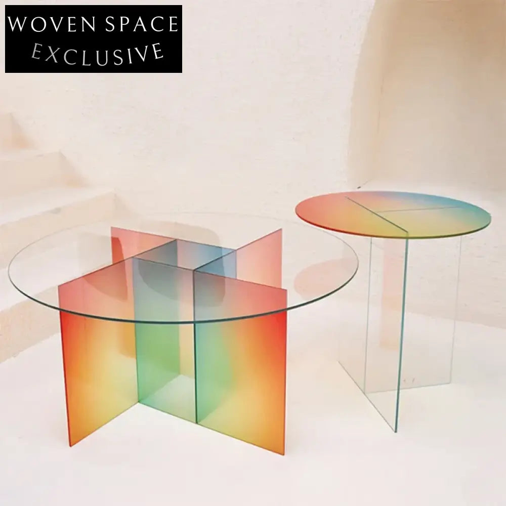 Modern Round Glass Acrylic Rainbow Coffee Table Set Home Decor