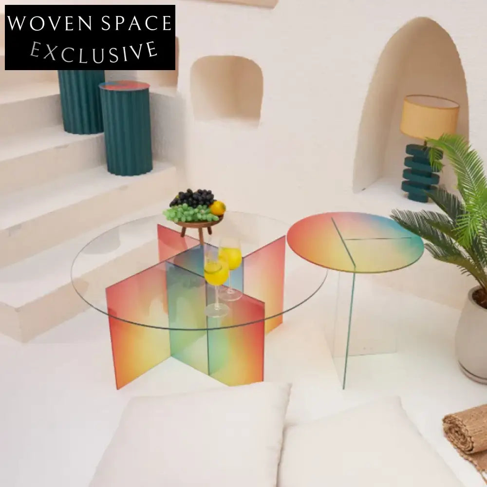 Modern Round Glass Acrylic Rainbow Coffee Table Set Home Decor