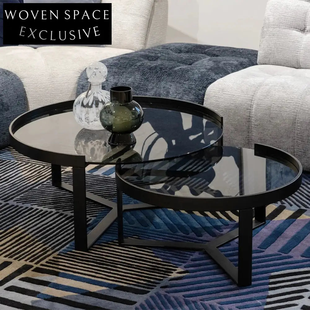 Modern Round Glass Coffee Table Set - Stainless Steel Frame Living Room Table