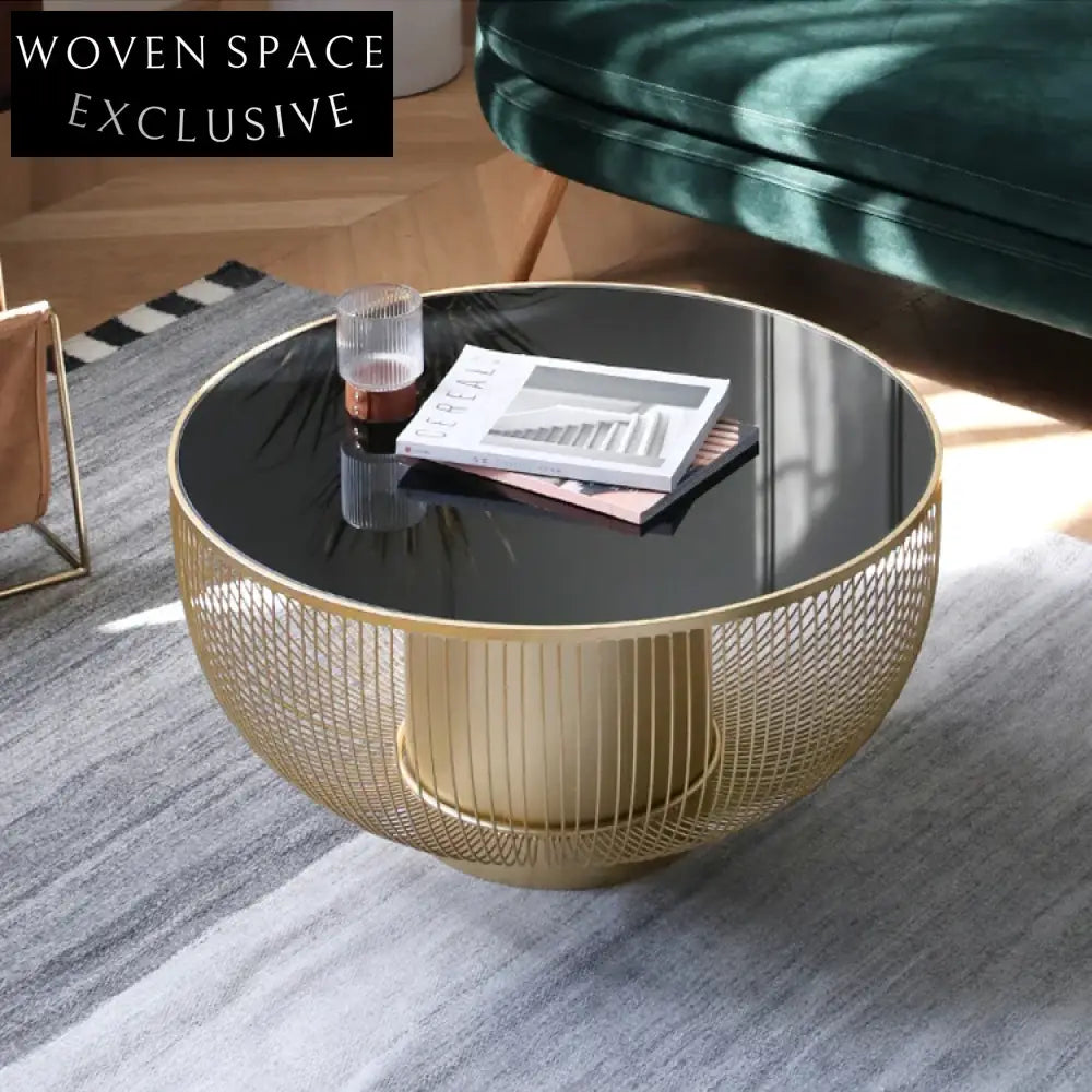 Modern Round Glass Top Coffee Table, Gold Metal Frame