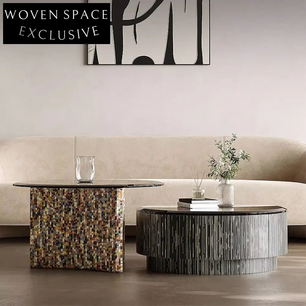 Modern Round Glass Top Coffee Table Set, Solid Wood Base