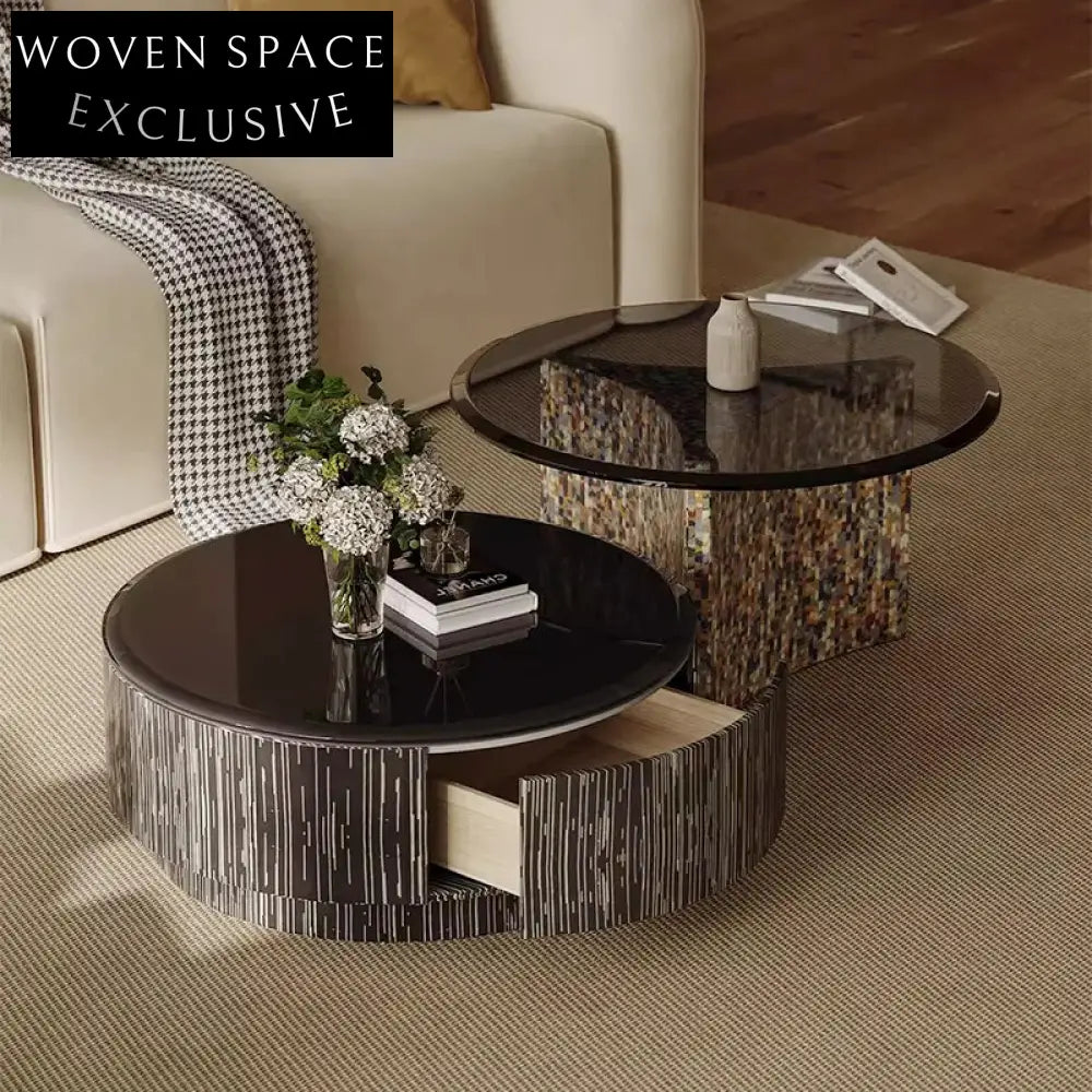 Modern Round Glass Top Coffee Table Set, Solid Wood Base