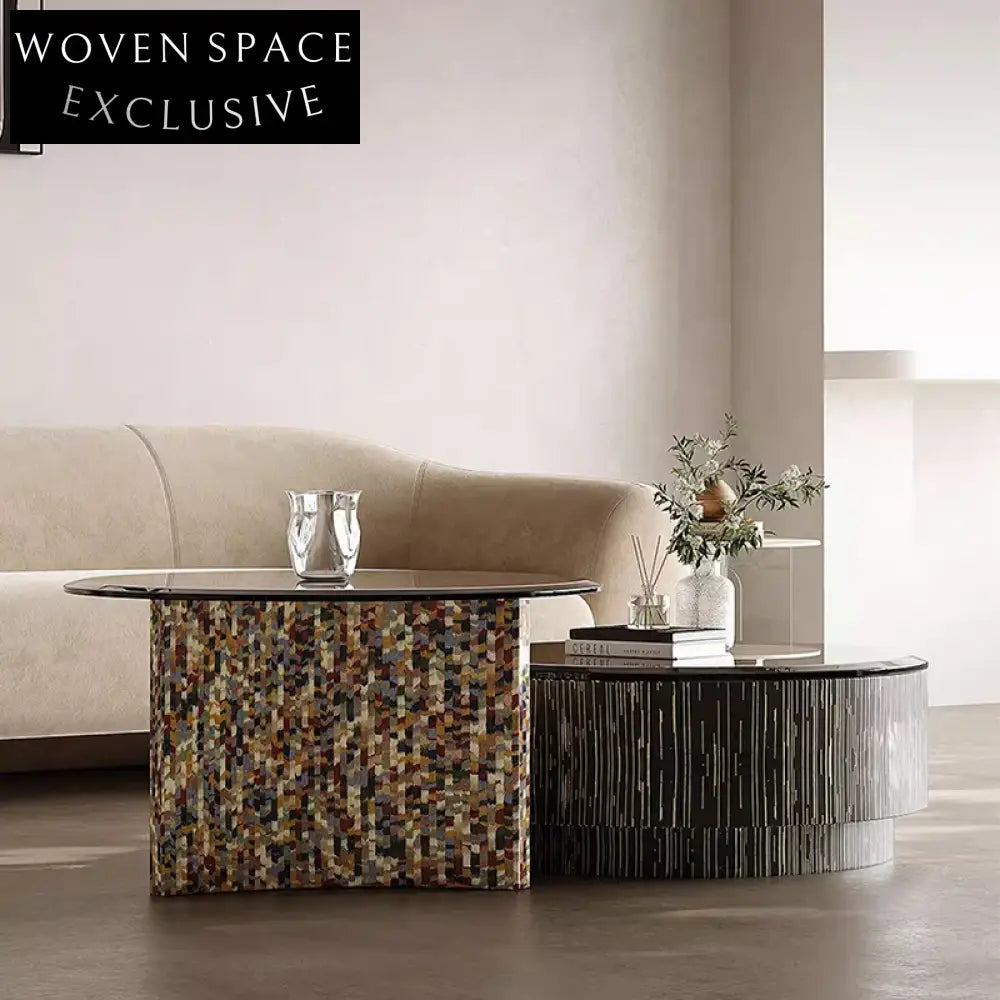 Modern Round Glass Top Coffee Table Set, Solid Wood Base