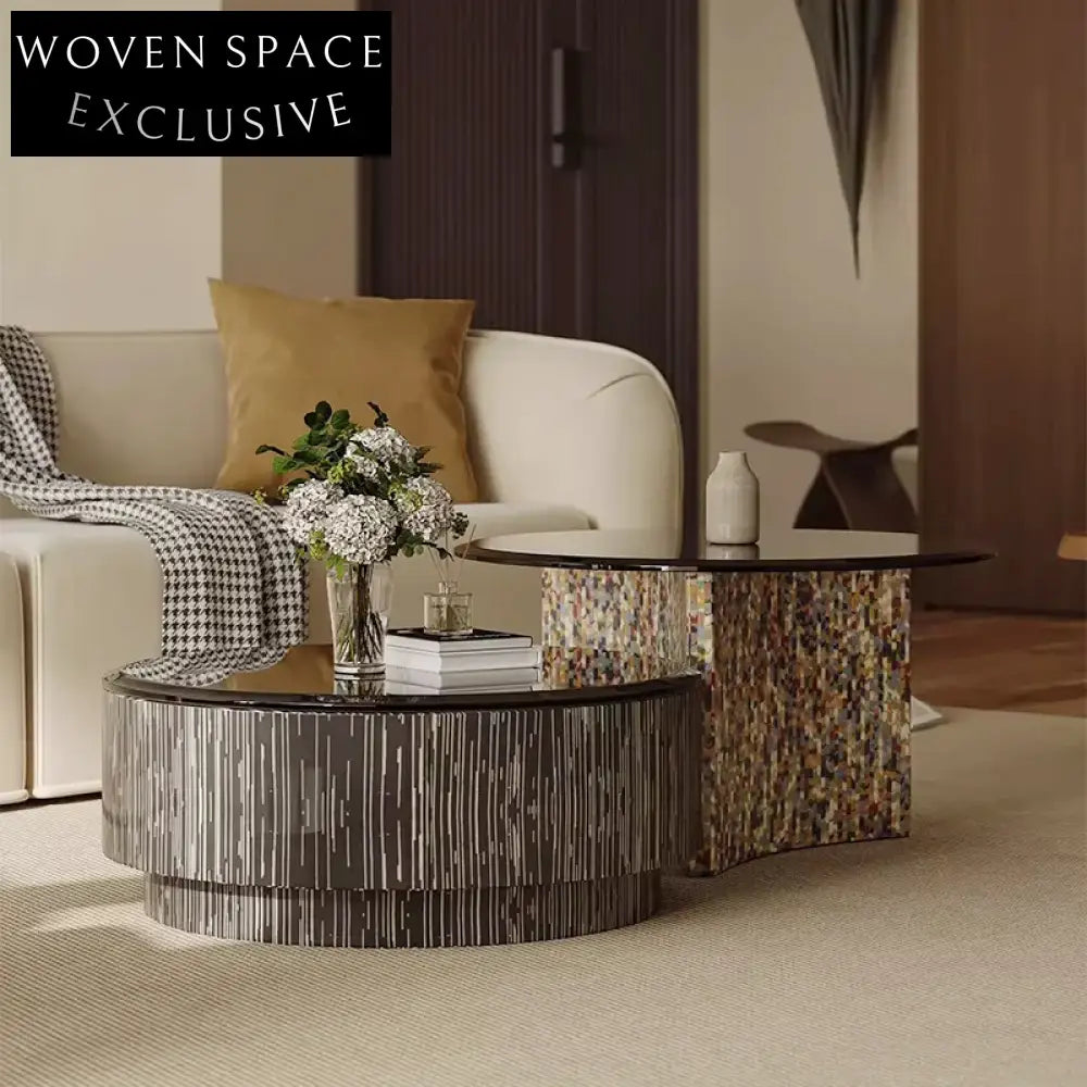 Modern Round Glass Top Coffee Table Set, Solid Wood Base