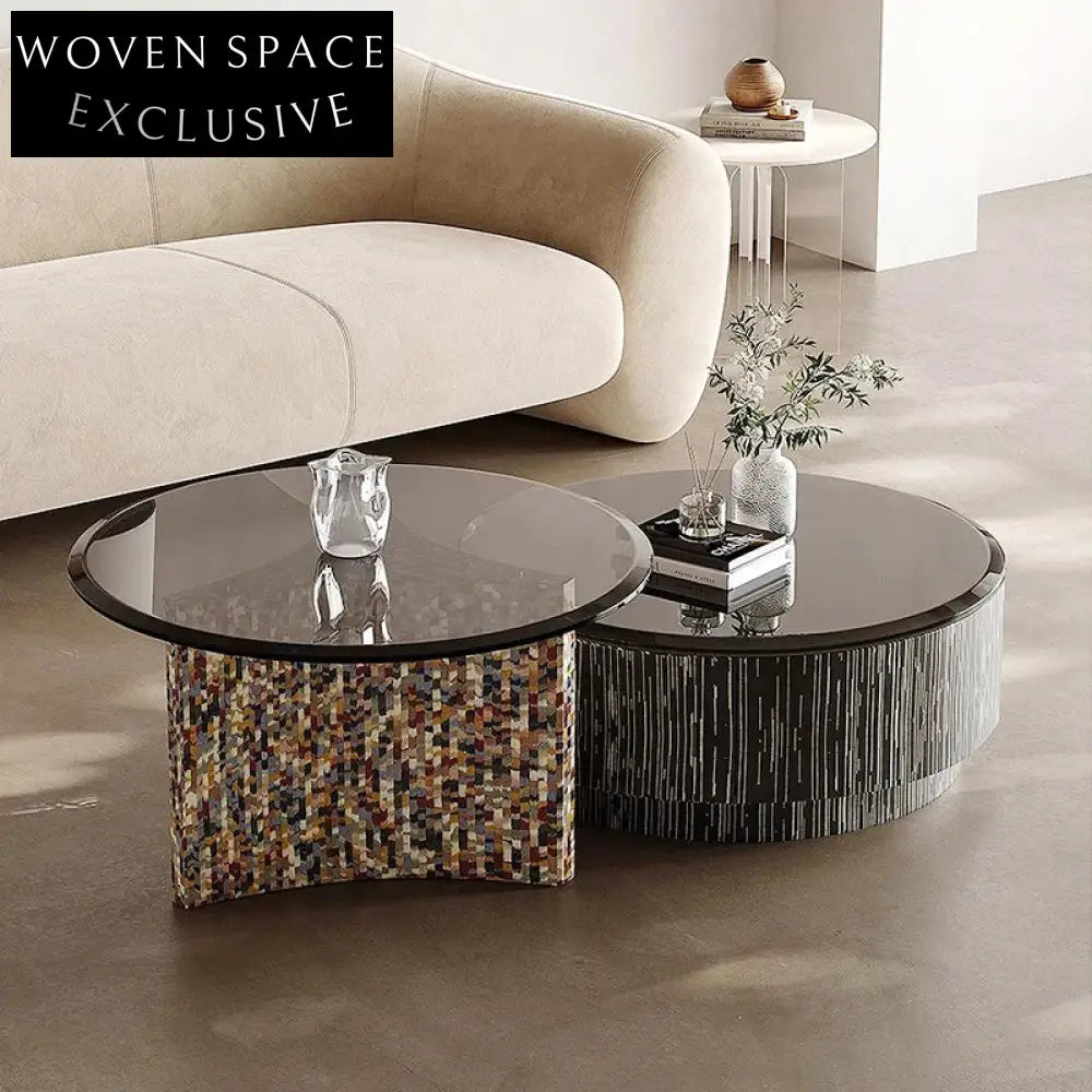 Modern Round Glass Top Coffee Table Set, Solid Wood Base