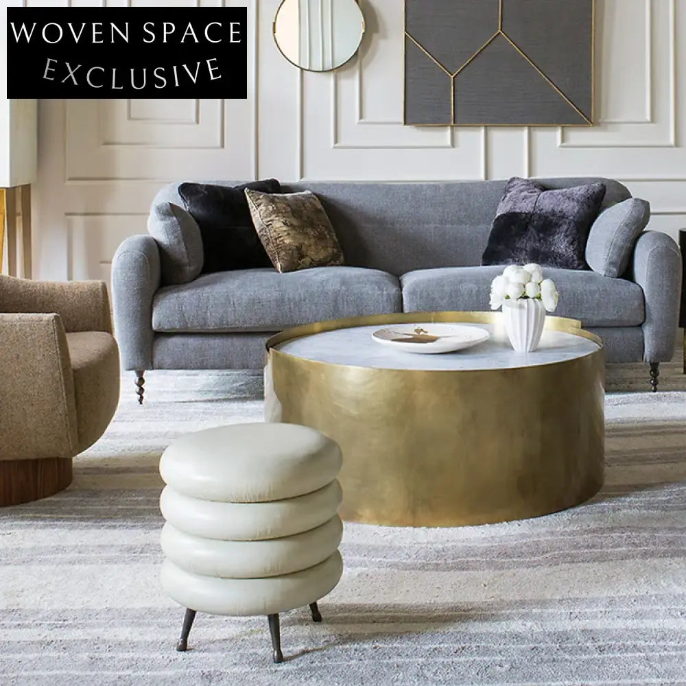 Modern Round Leather Stool End Table with Metal Legs for Home Decor