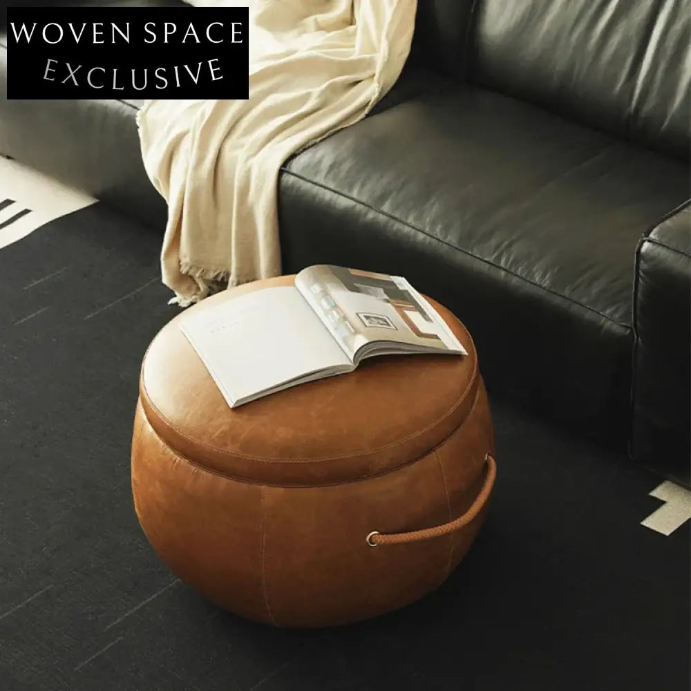 Modern Round Leather Top Solid Wood Living Room Coffee Table