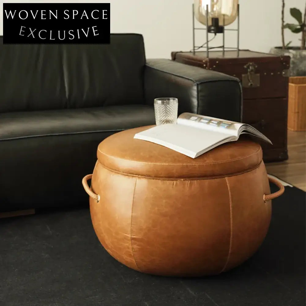 Modern Round Leather Top Solid Wood Living Room Coffee Table