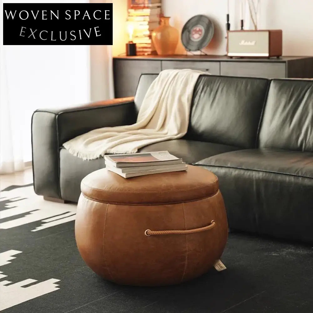 Modern Round Leather Top Solid Wood Living Room Coffee Table