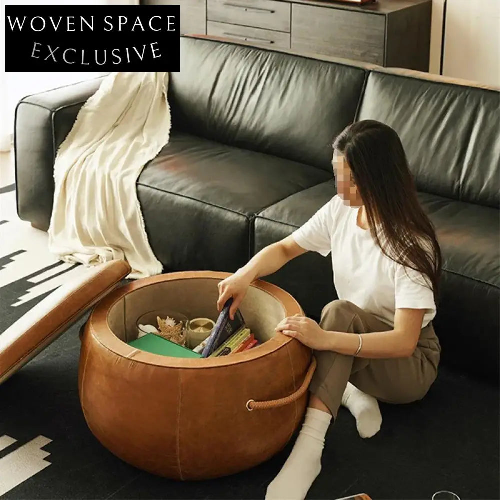 Modern Round Leather Top Solid Wood Living Room Coffee Table