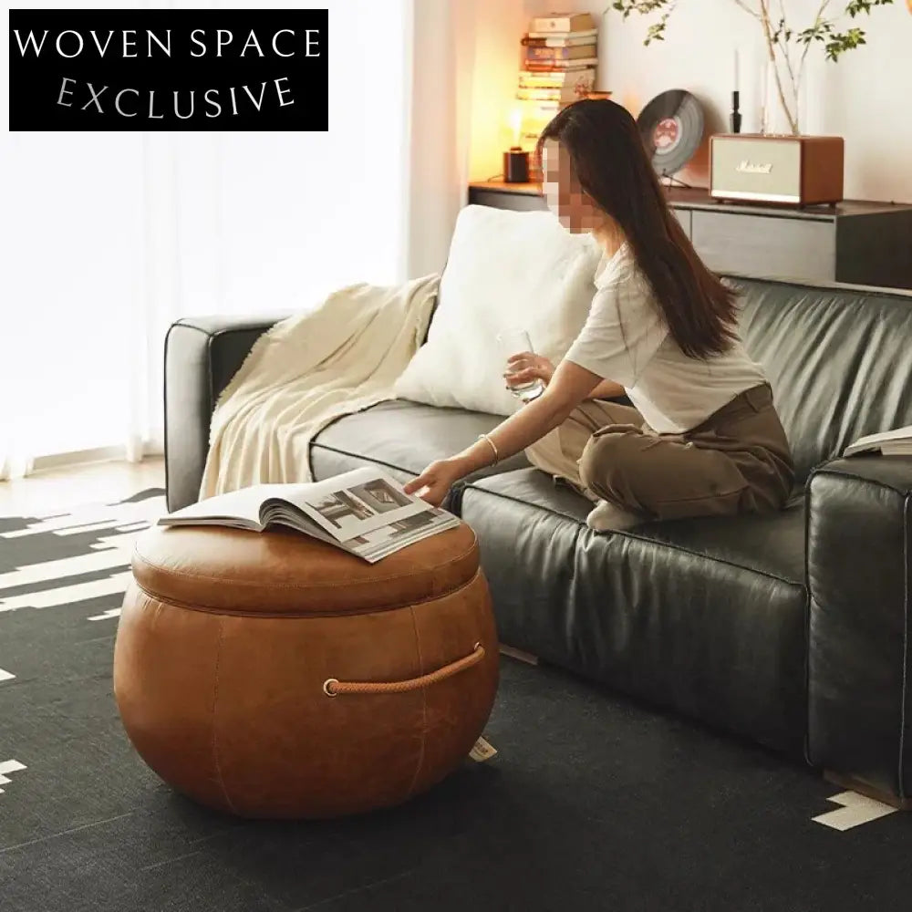 Modern Round Leather Top Solid Wood Living Room Coffee Table