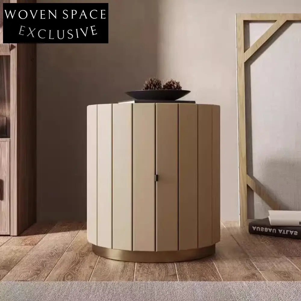 Modern Round Leather Wood Nightstand for Bedroom, Hotel, Home Master Suite