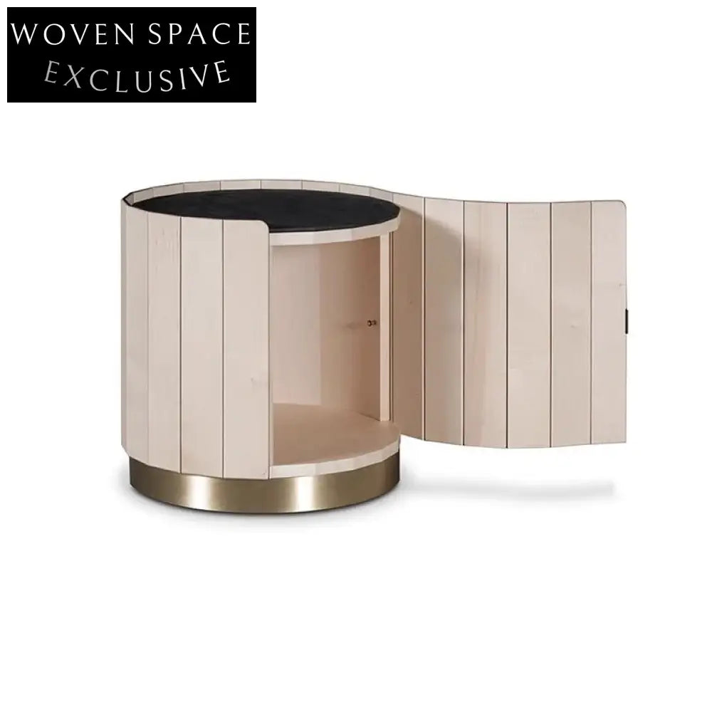 Modern Round Leather Wood Nightstand for Bedroom, Hotel, Home Master Suite