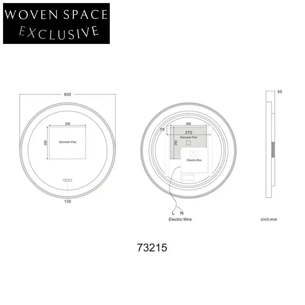 Modern Round LED Mirror with Bluetooth Speaker, Black Frame, 24-inch Diameter