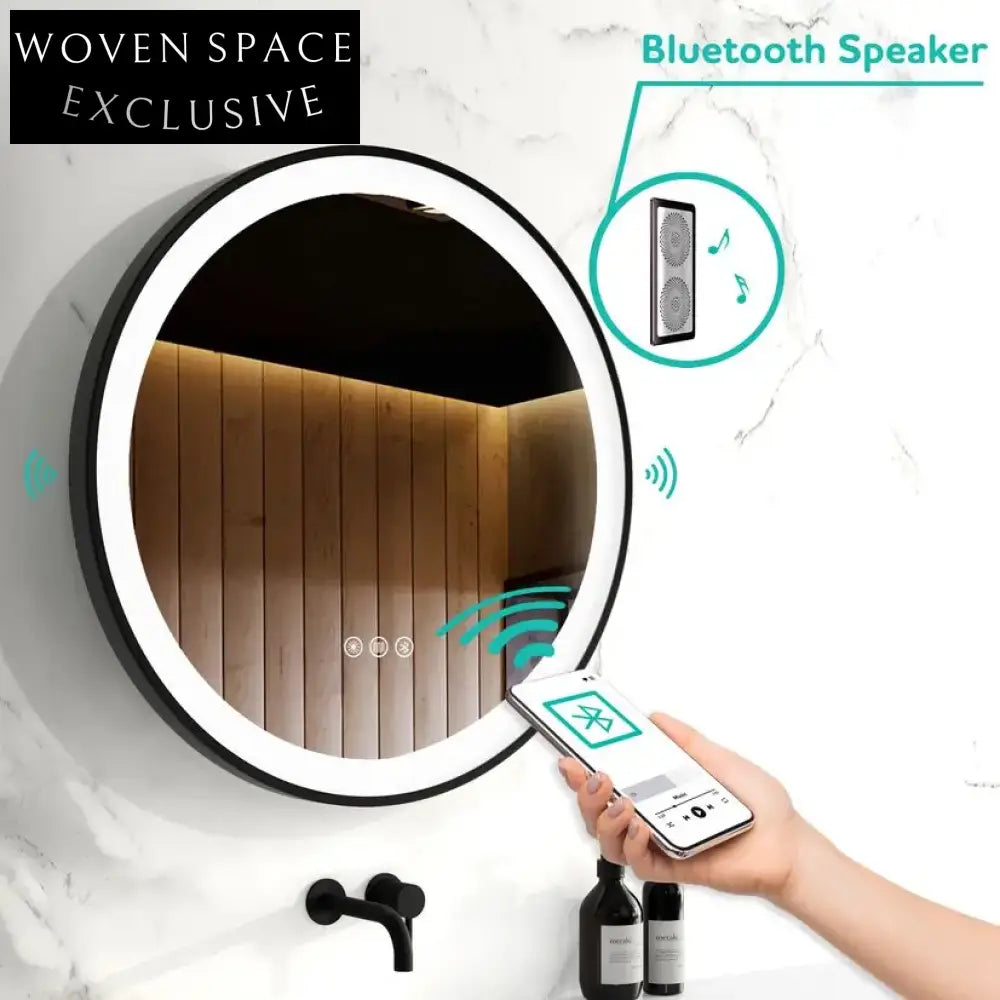 Modern Round LED Mirror with Bluetooth Speaker, Black Frame, 24-inch Diameter