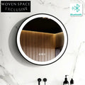 Modern Round LED Mirror with Bluetooth Speaker, Black Frame, 24-inch Diameter