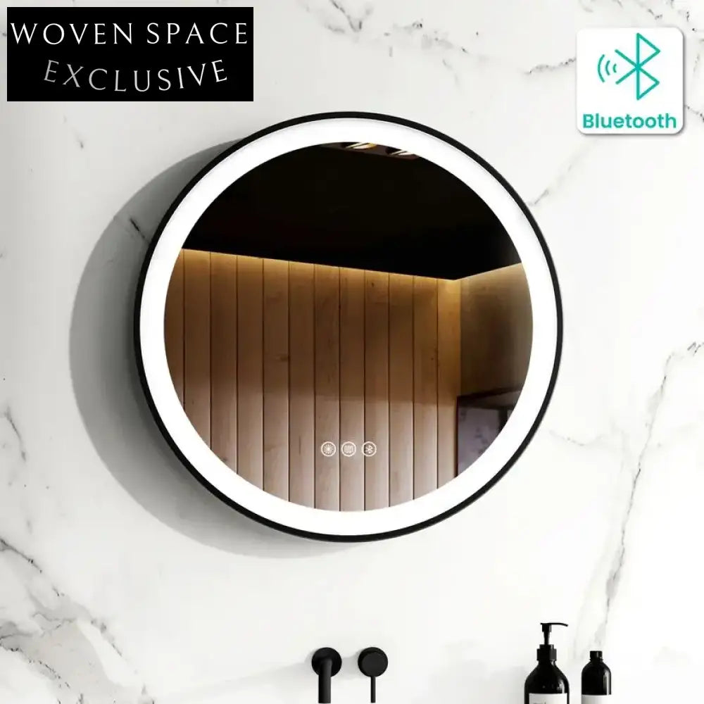 Modern Round LED Mirror with Bluetooth Speaker, Black Frame, 24-inch Diameter