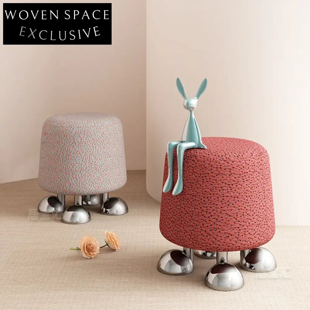 Modern Round Linen Fabric Stool, Stainless Steel Base, Versatile Living Room Ottoman