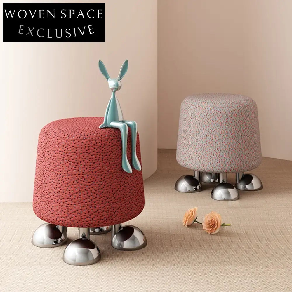 Modern Round Linen Fabric Stool, Stainless Steel Base, Versatile Living Room Ottoman