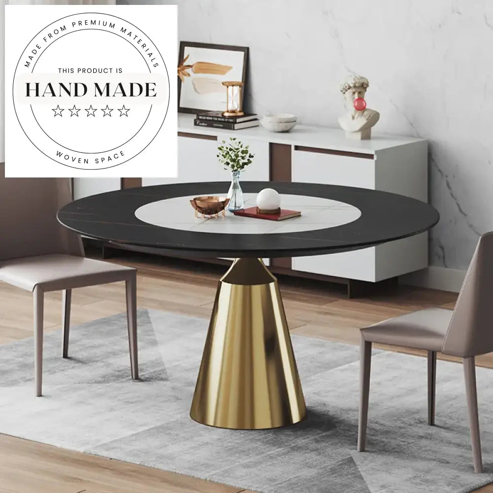 Modern Round Marble Ceramic Rotating Top Black Leg Dining Table