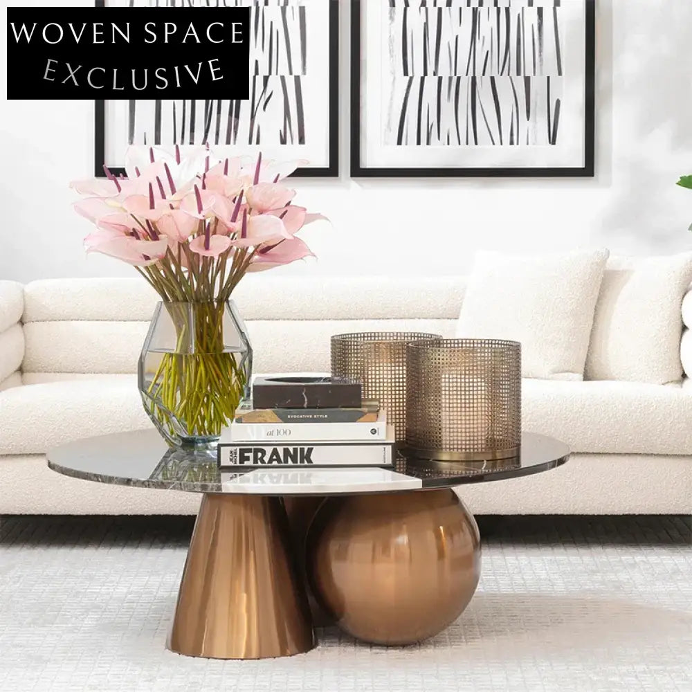 Modern Round Marble Coffee Table with Geometric Stainless Steel Base