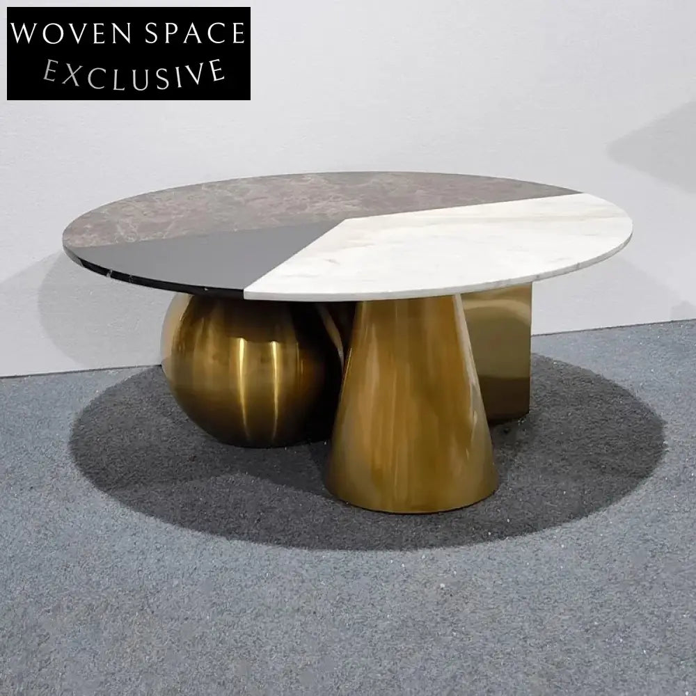 Modern Round Marble Coffee Table with Geometric Stainless Steel Base