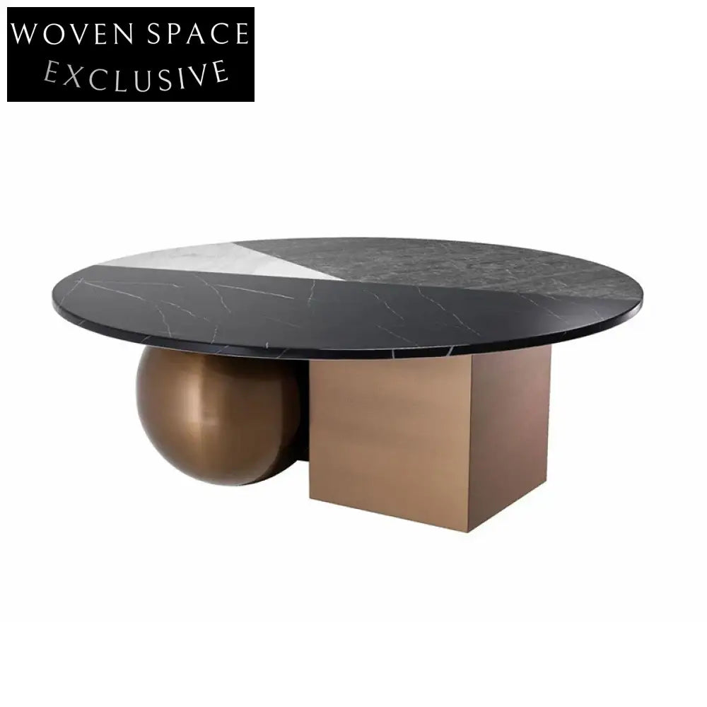Modern Round Marble Coffee Table with Geometric Stainless Steel Base