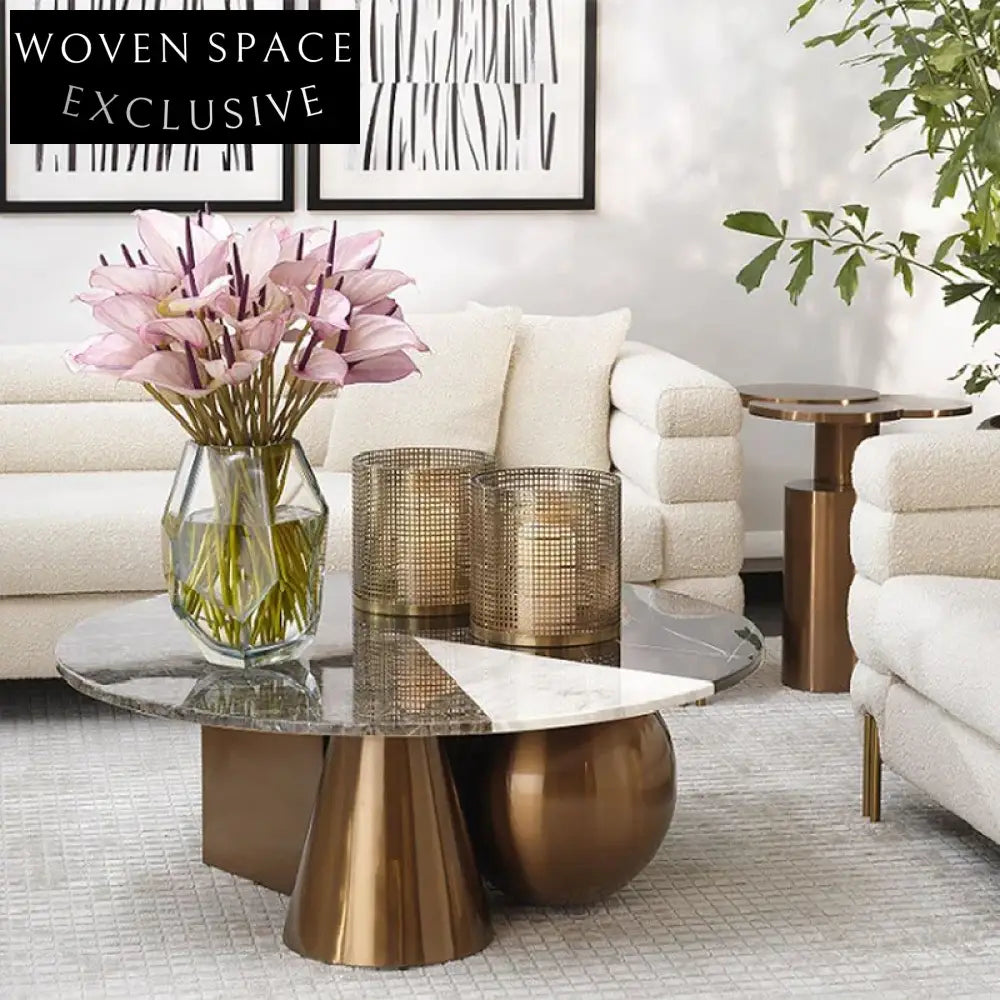 Modern Round Marble Coffee Table with Geometric Stainless Steel Base