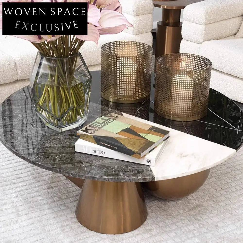 Modern Round Marble Coffee Table with Geometric Stainless Steel Base
