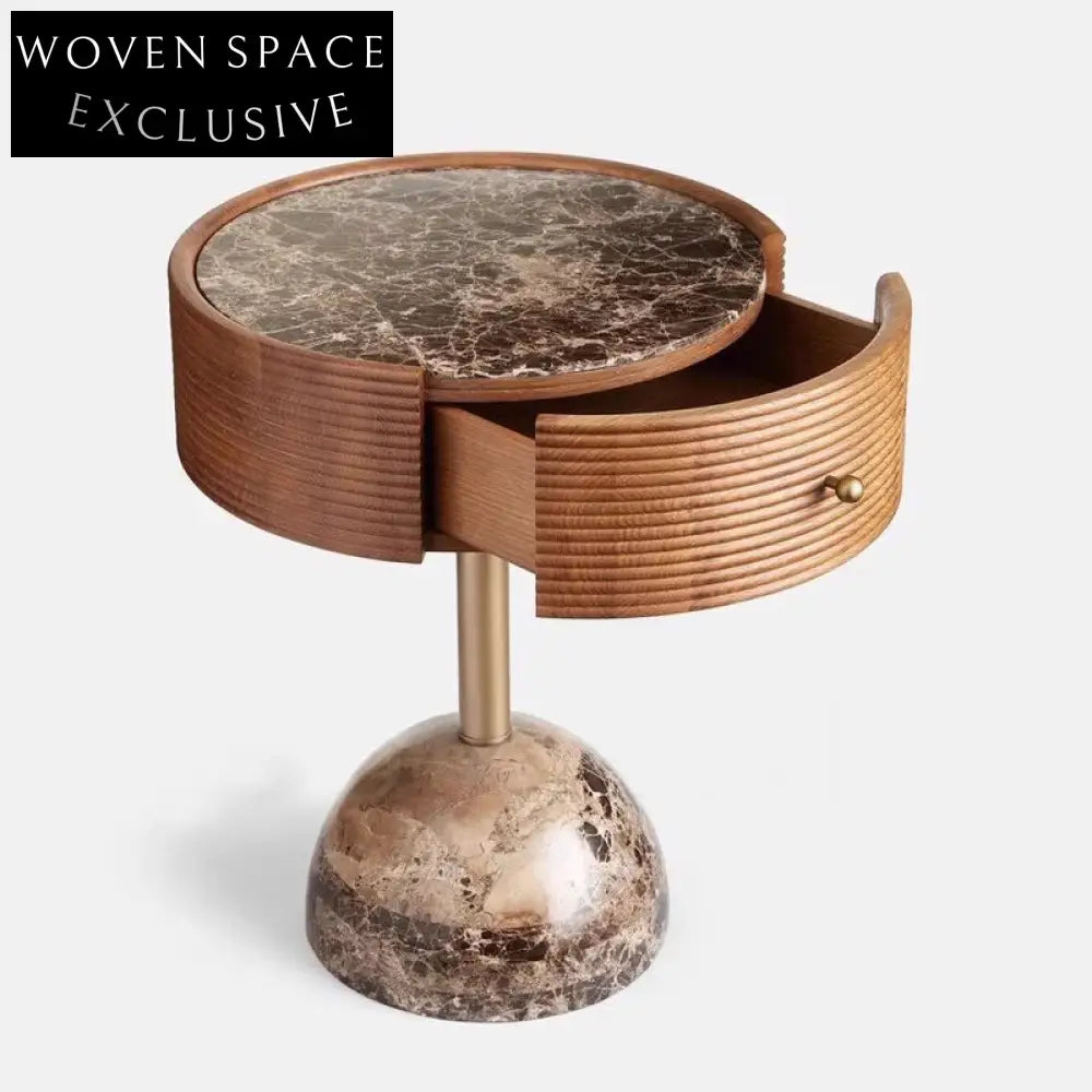Modern Round Marble Top Nightstand with Drawer, Minimalist Bedside Accent Table