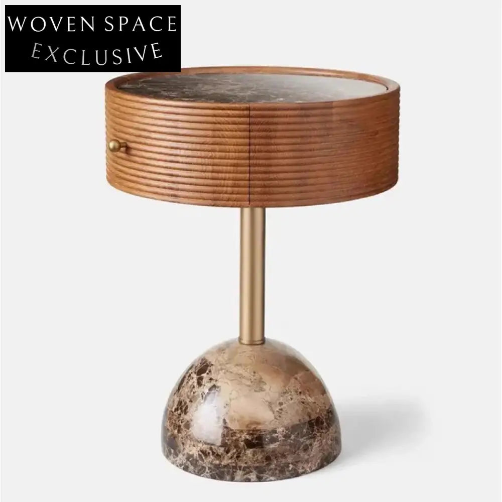 Modern Round Marble Top Nightstand with Drawer, Minimalist Bedside Accent Table