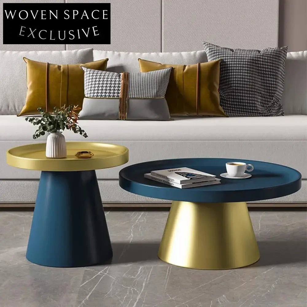 Modern Round Metal Coffee Table Set for Living Room, Black & White Iron Side Tables