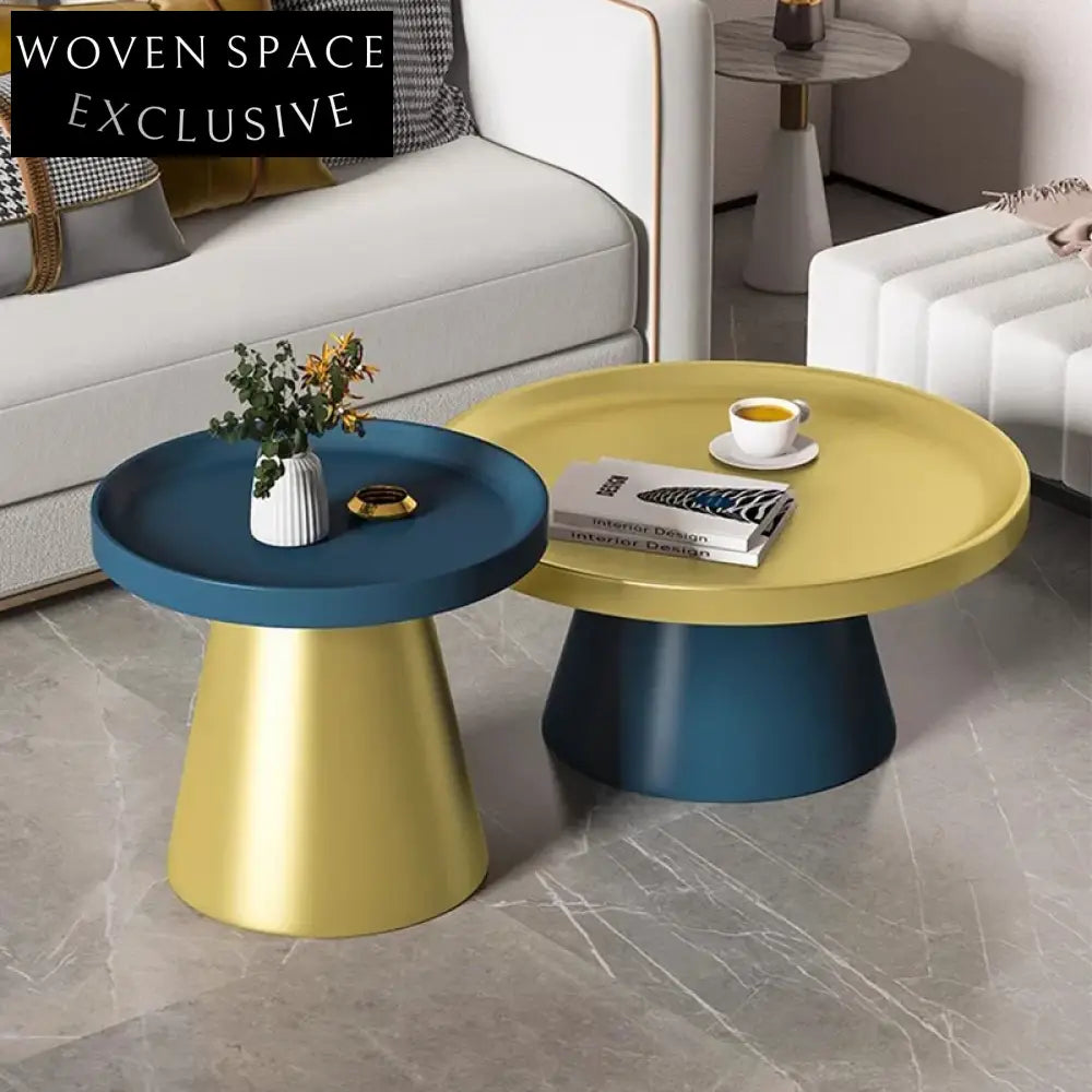 Modern Round Metal Coffee Table Set for Living Room, Black & White Iron Side Tables