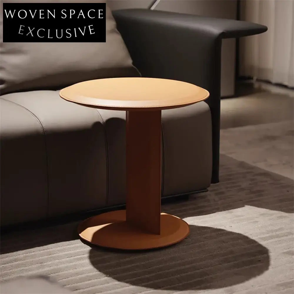 Modern Round Metal Coffee Table with Leather Top for Living Room Decor