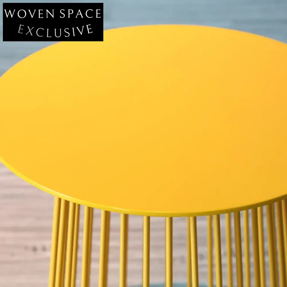 Modern Round Metal Wire Side Table, Wood Top Accent Table