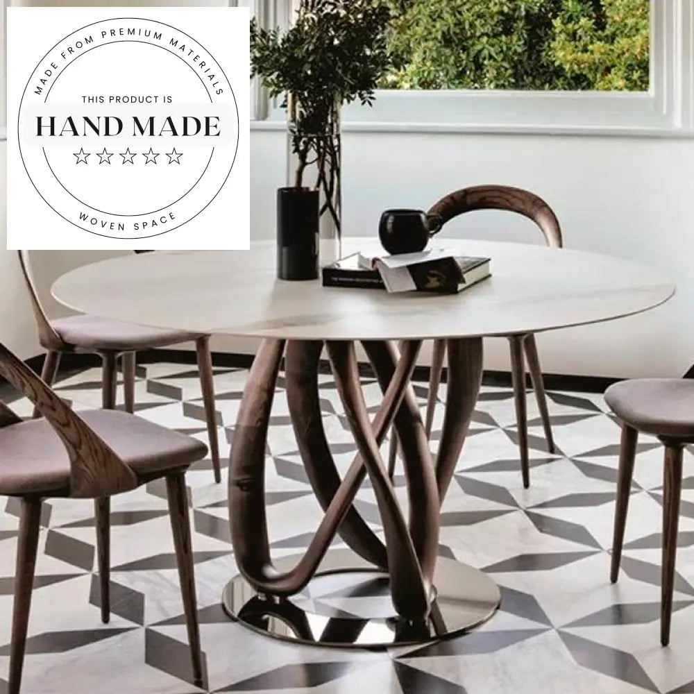Modern Round Natural Marble Top Solid Wood Base Dining Table