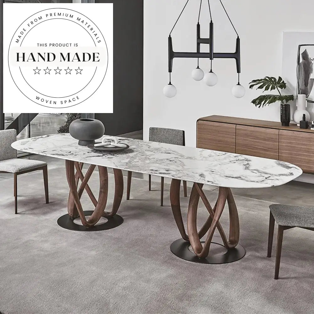 Modern Round Natural Marble Top Solid Wood Base Dining Table