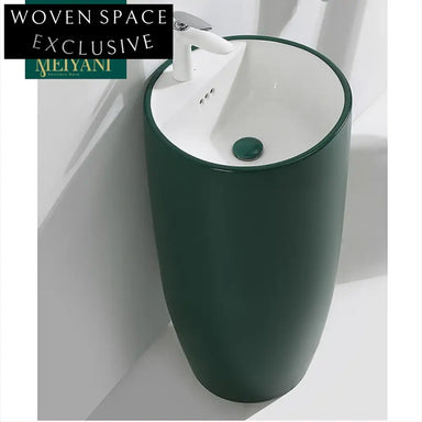 Modern Round Pedestal Bathroom Sink - Free Standing Ceramic Wash Basin