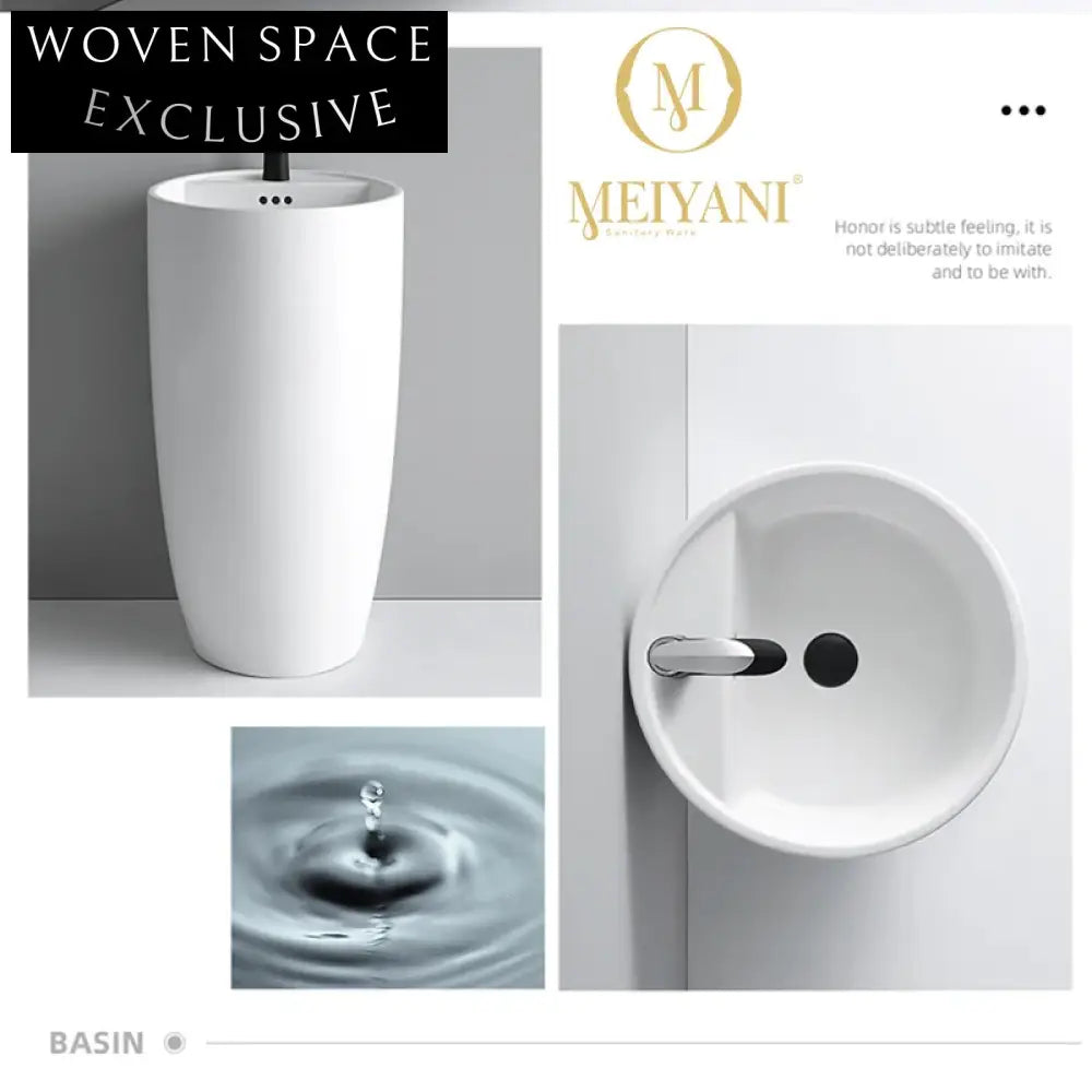 Modern Round Pedestal Bathroom Sink - Free Standing Ceramic Wash Basin