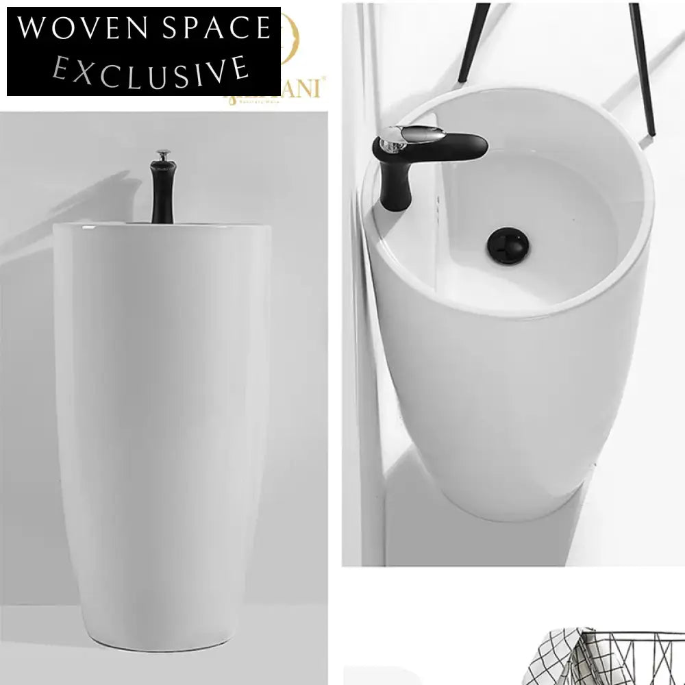 Modern Round Pedestal Bathroom Sink - Free Standing Ceramic Wash Basin